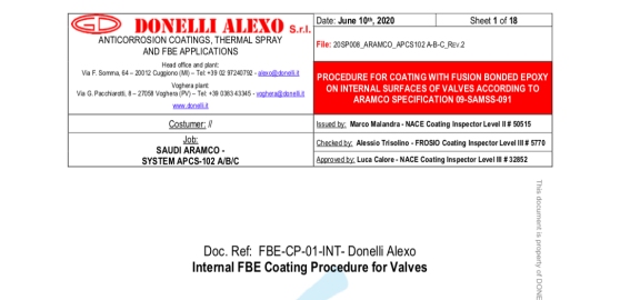 Saudi Aramco approva Donelli Alexo per rivestimento interno valvole con FBE